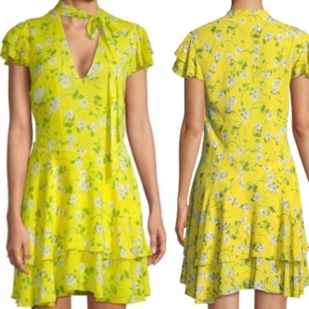 Alice Olivia Moore Yellow White Flutter Sleeve Tie Neck Dress